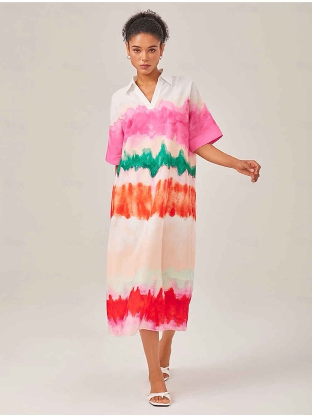 Ador Vibrant Watercolor Stripe Collared Midi Dress - Pink, Green & Orange large